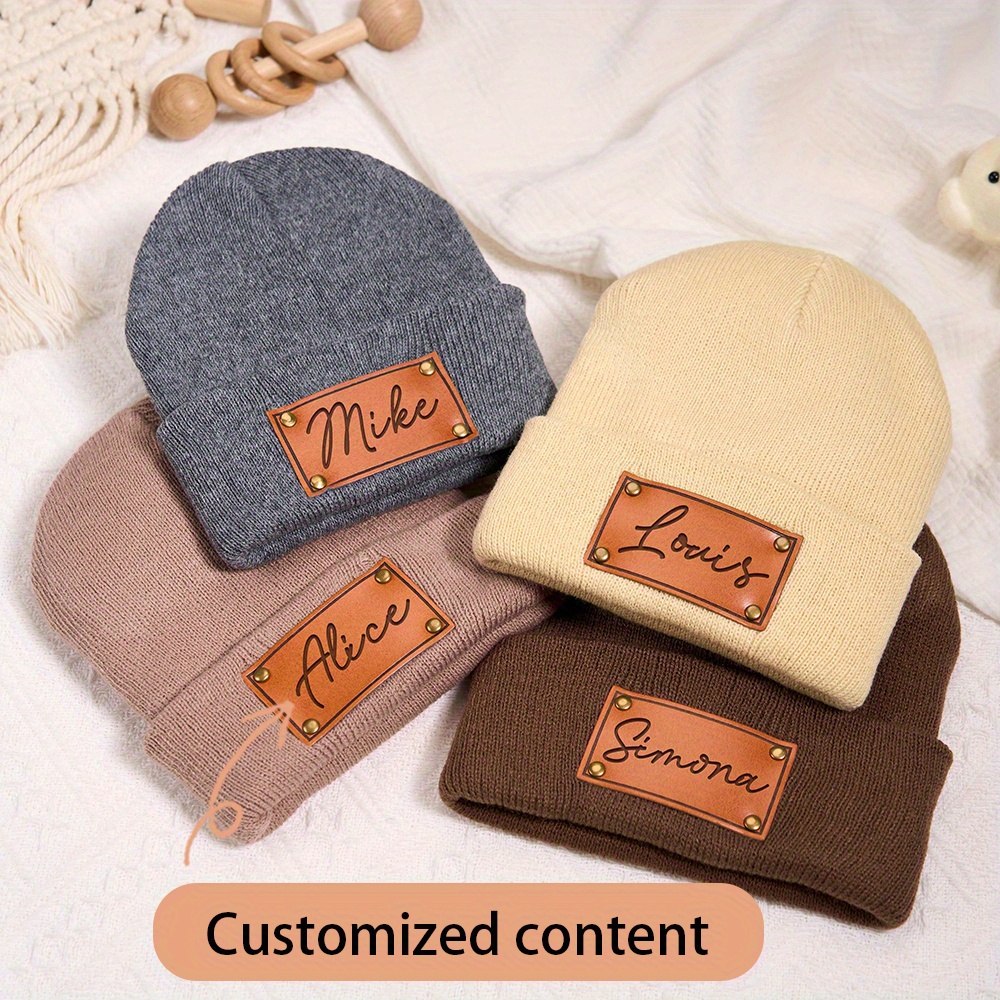 Beanie Cuffed Knit - Personalisierte Leder-Patch-Beanie, personalisierte Strickmütze mit Umschlagbündchen,